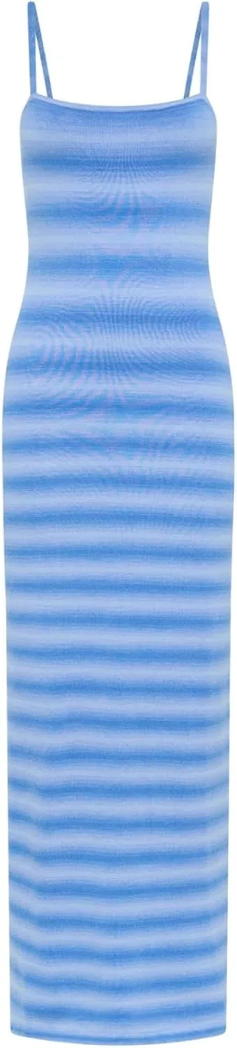 Women Summer Striped Knit Dress Sexy Crochet Bodycon Backless Maxi Dress Y2k Spaghetti Strap Beach Long Sundresses
