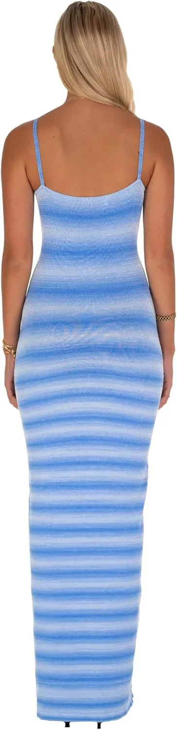 Women Summer Striped Knit Dress Sexy Crochet Bodycon Backless Maxi Dress Y2k Spaghetti Strap Beach Long Sundresses