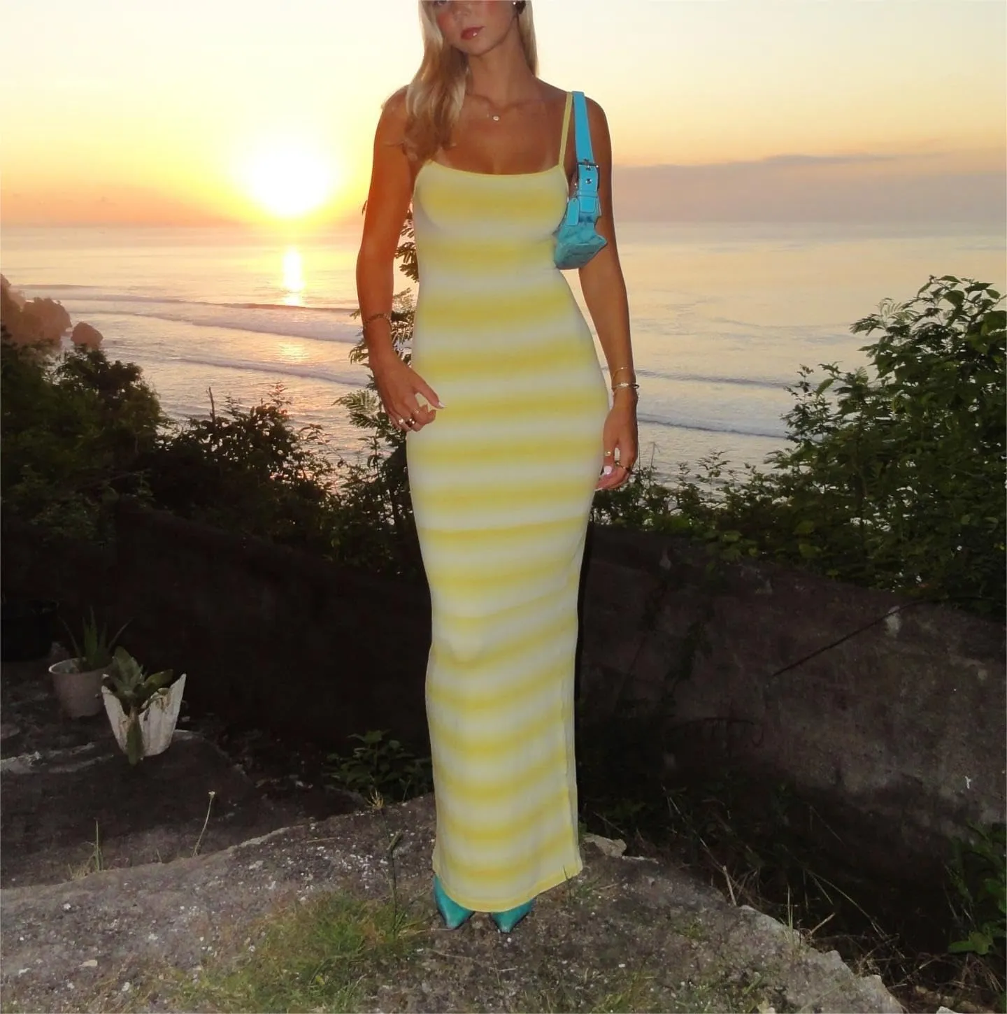 Women Summer Striped Knit Dress Sexy Crochet Bodycon Backless Maxi Dress Y2k Spaghetti Strap Beach Long Sundresses