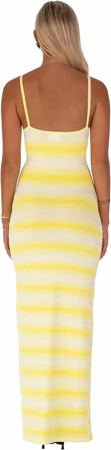 Women Summer Striped Knit Dress Sexy Crochet Bodycon Backless Maxi Dress Y2k Spaghetti Strap Beach Long Sundresses