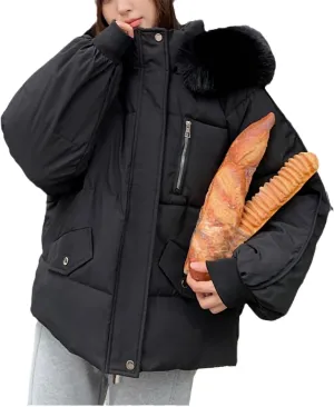Women Thick Down Cotton Padded Cold Coat Female Casual Loose Jacket Womens Winter Fur Collar Hooded Short Parkas