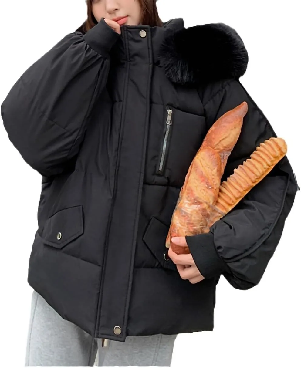 Women Thick Down Cotton Padded Cold Coat Female Casual Loose Jacket Womens Winter Fur Collar Hooded Short Parkas