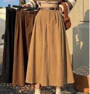 Women Vintage Belt Corduroy Midi Skirt High Waist Pleated A Line Skirts