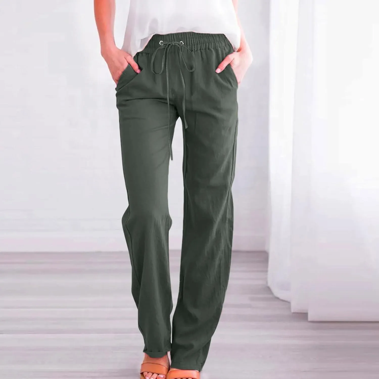 Women Work Linen Cotton Pants Office Business Plus Size Loose Trendy Trouser Outdoor Hiking Jogging Casual Sweatpants