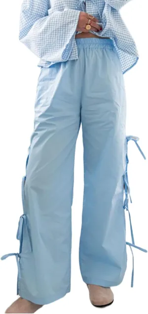 Women Y2k Plaid Print Long Pants Side Tie Bow Wide Leg Pants High Waist Gingham Trousers Lounge Pants