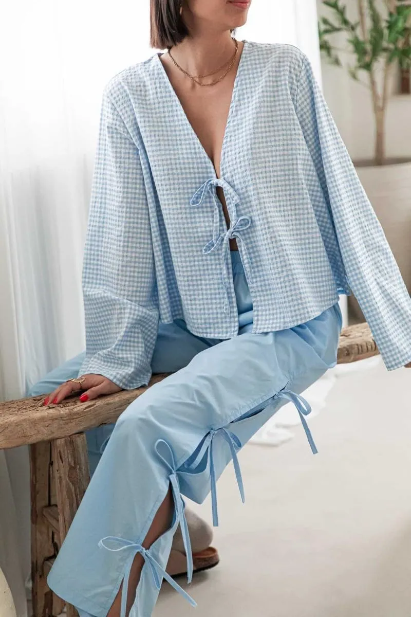 Women Y2k Plaid Print Long Pants Side Tie Bow Wide Leg Pants High Waist Gingham Trousers Lounge Pants