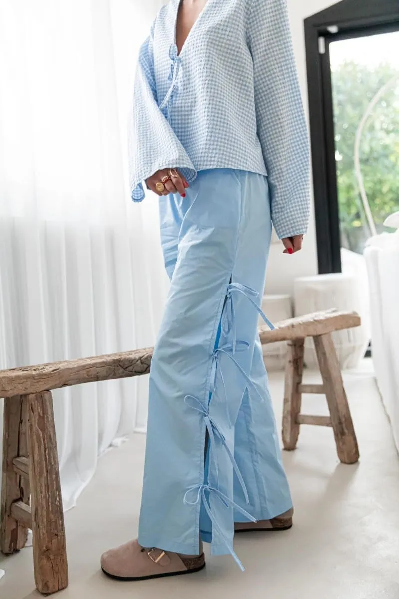 Women Y2k Plaid Print Long Pants Side Tie Bow Wide Leg Pants High Waist Gingham Trousers Lounge Pants