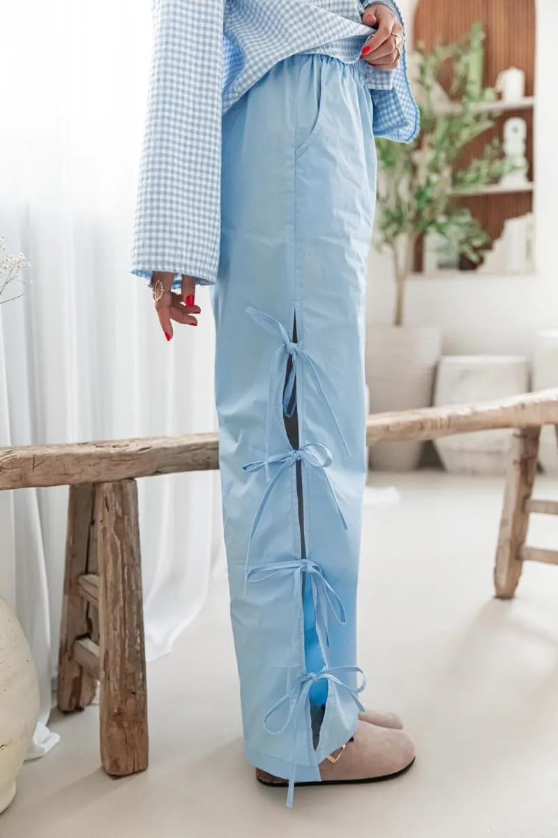 Women Y2k Plaid Print Long Pants Side Tie Bow Wide Leg Pants High Waist Gingham Trousers Lounge Pants