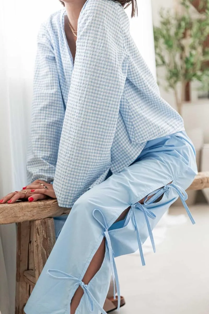 Women Y2k Plaid Print Long Pants Side Tie Bow Wide Leg Pants High Waist Gingham Trousers Lounge Pants