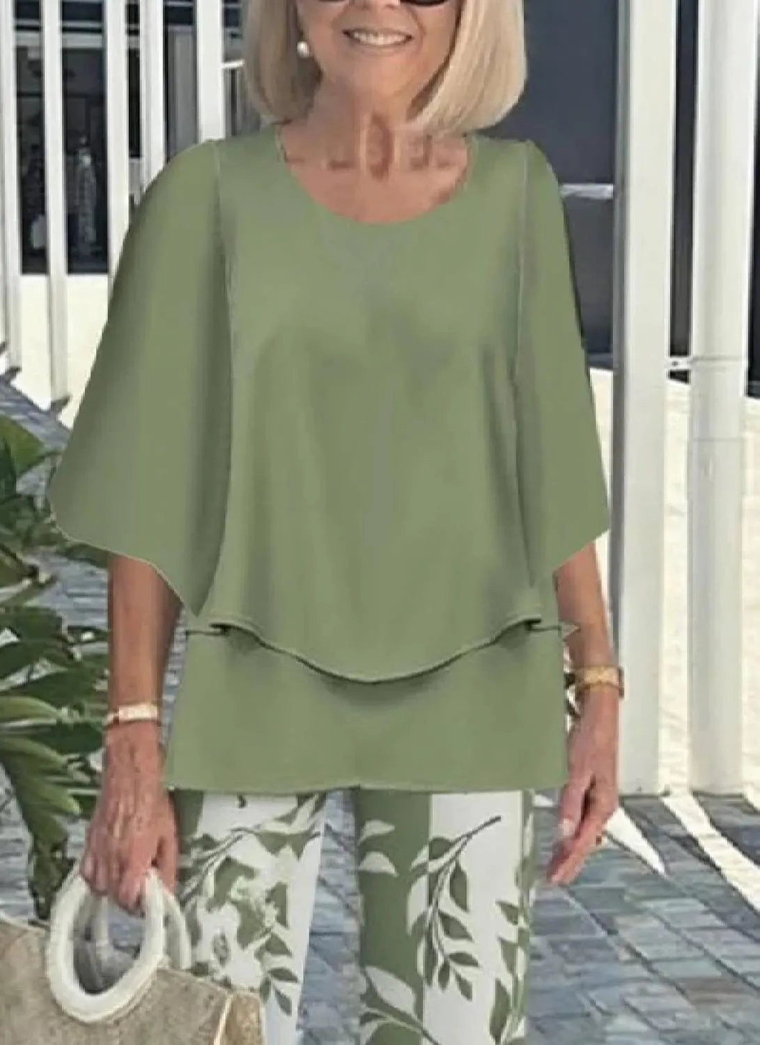 Women's 2 Piece Outfits Green 3/4 Sleeve Double Layer Top and Leaf Print Straight Leg Pants Lounge Sets 2025 Trendy