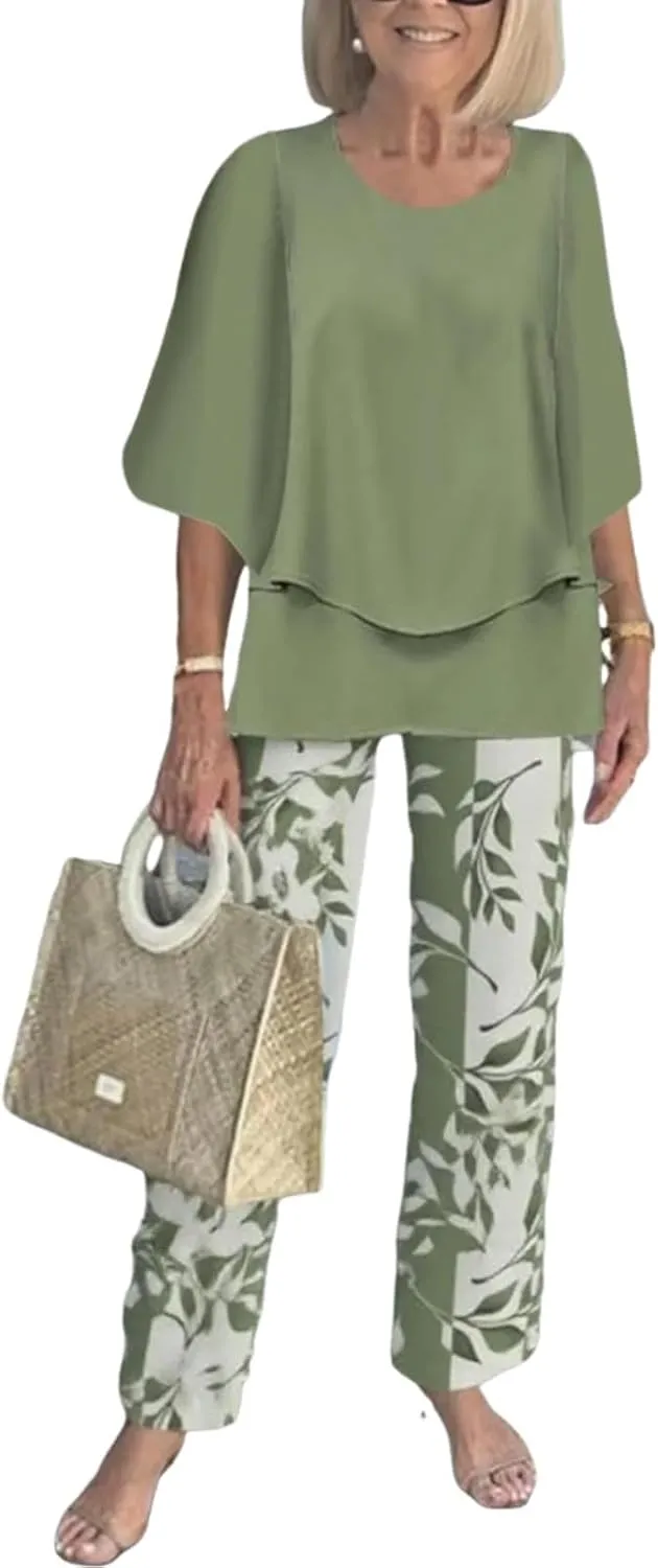 Women's 2 Piece Outfits Green 3/4 Sleeve Double Layer Top and Leaf Print Straight Leg Pants Lounge Sets 2025 Trendy