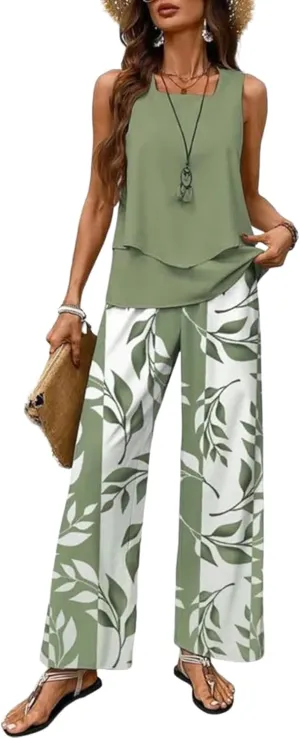 Women's 2 Piece Sets Sleeveless Print Wide Leg Pants Sweat Sets Trendy Lounge Tracksuits 2025 Spring Summer Outfits