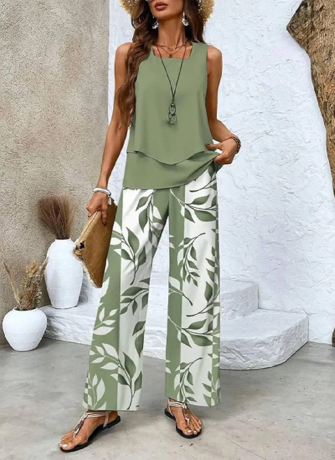 Women's 2 Piece Sets Sleeveless Print Wide Leg Pants Sweat Sets Trendy Lounge Tracksuits 2025 Spring Summer Outfits