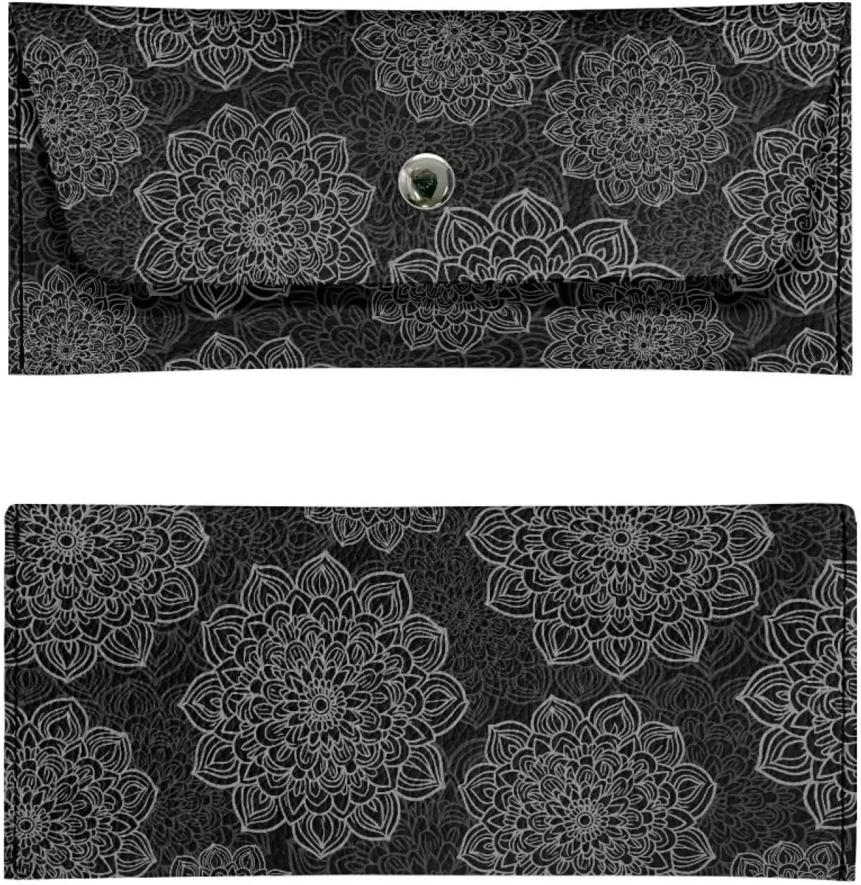 Womens Black Floral Pattern Clutch Bags with Snap Button Ladies Girls Lightweight Waterproof Leather Thin Wallet Portable Cash Purse for Travel Business Shop Outdoors Use