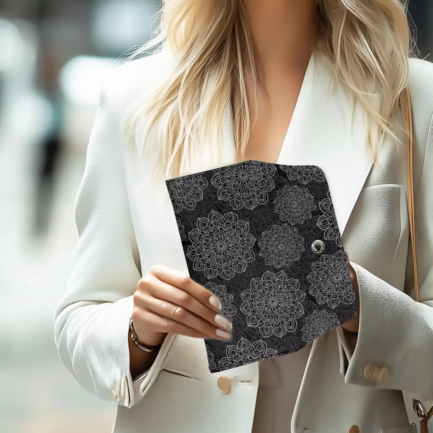 Womens Black Floral Pattern Clutch Bags with Snap Button Ladies Girls Lightweight Waterproof Leather Thin Wallet Portable Cash Purse for Travel Business Shop Outdoors Use