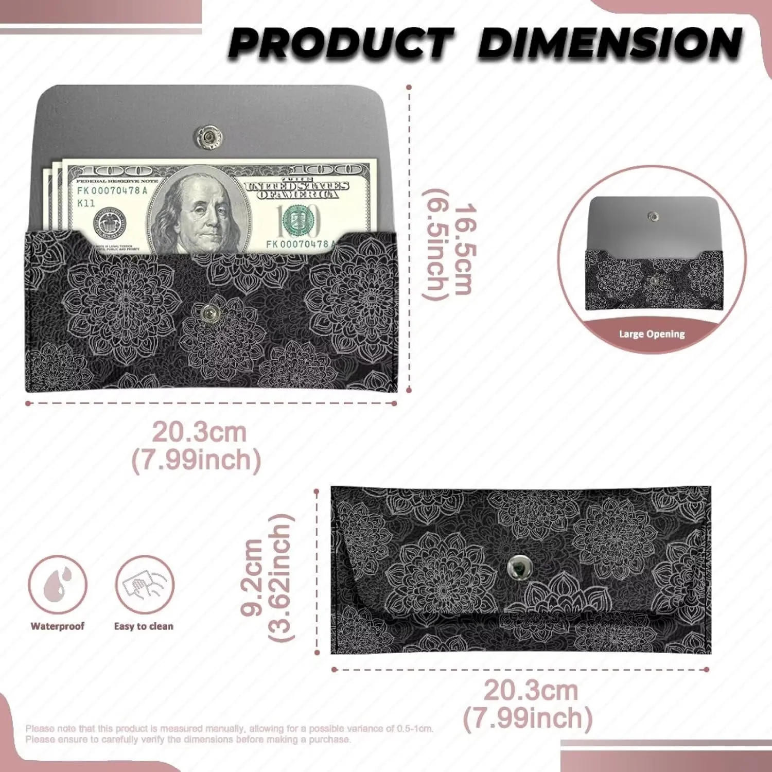 Womens Black Floral Pattern Clutch Bags with Snap Button Ladies Girls Lightweight Waterproof Leather Thin Wallet Portable Cash Purse for Travel Business Shop Outdoors Use