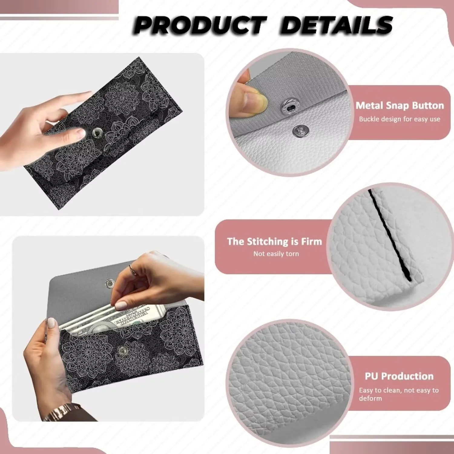 Womens Black Floral Pattern Clutch Bags with Snap Button Ladies Girls Lightweight Waterproof Leather Thin Wallet Portable Cash Purse for Travel Business Shop Outdoors Use