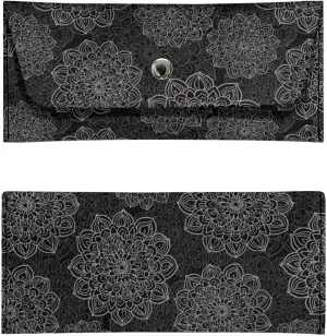Womens Black Floral Pattern Clutch Bags with Snap Button Ladies Girls Lightweight Waterproof Leather Thin Wallet Portable Cash Purse for Travel Business Shop Outdoors Use