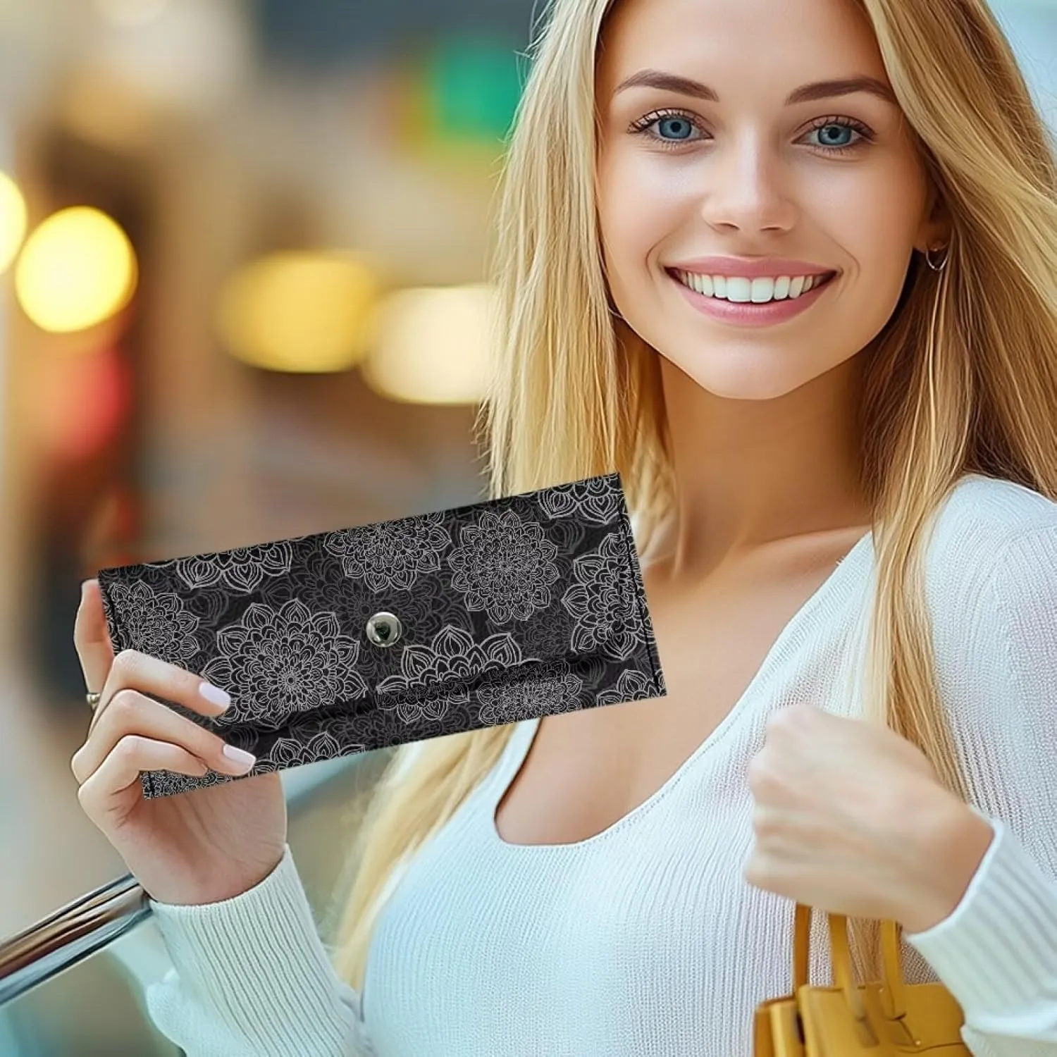 Womens Black Floral Pattern Clutch Bags with Snap Button Ladies Girls Lightweight Waterproof Leather Thin Wallet Portable Cash Purse for Travel Business Shop Outdoors Use