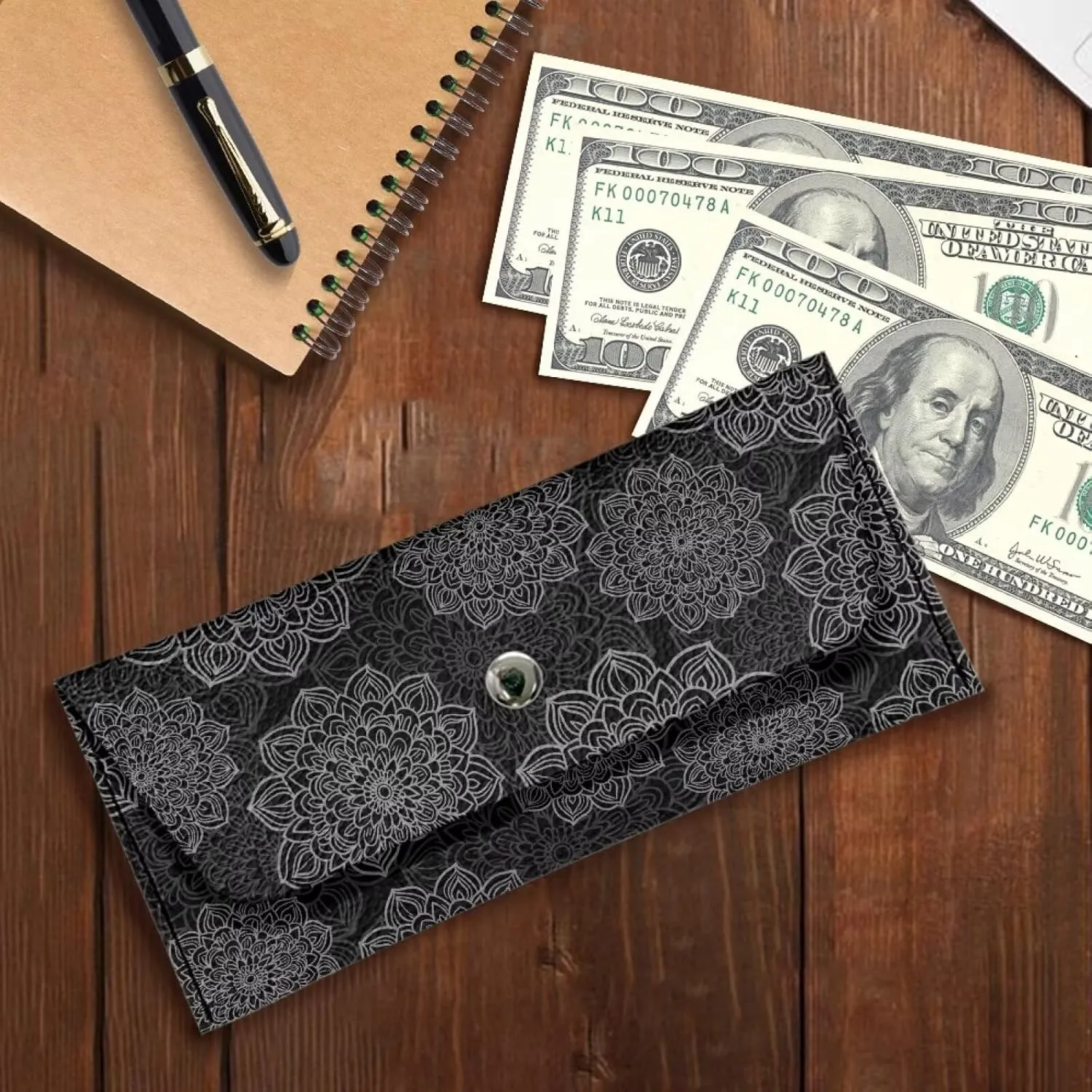 Womens Black Floral Pattern Clutch Bags with Snap Button Ladies Girls Lightweight Waterproof Leather Thin Wallet Portable Cash Purse for Travel Business Shop Outdoors Use