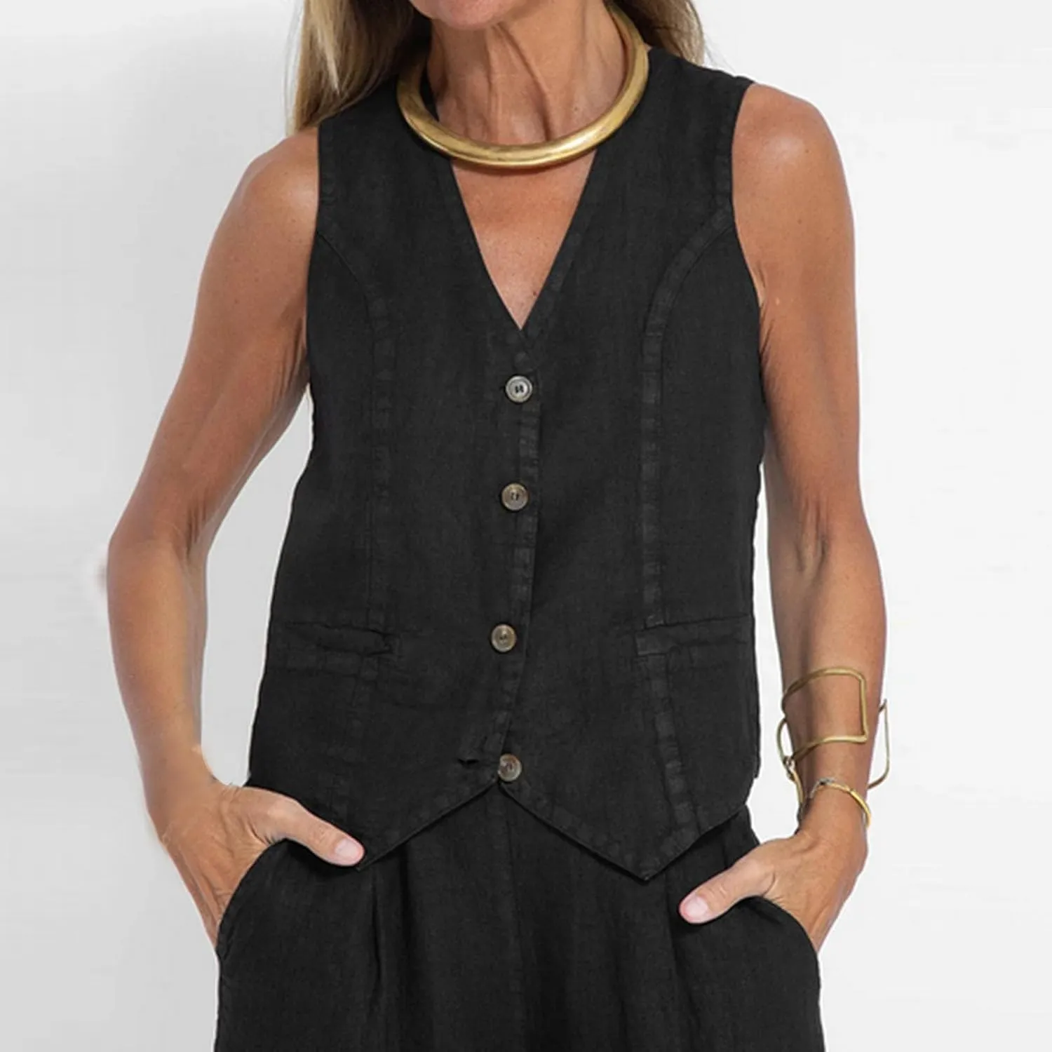 Womens Blazer Set Sleeveless V Neck Vest Tops Waistcoat and Cotton Linen Pants 2 Piece Vest Suit Casual Matching Set