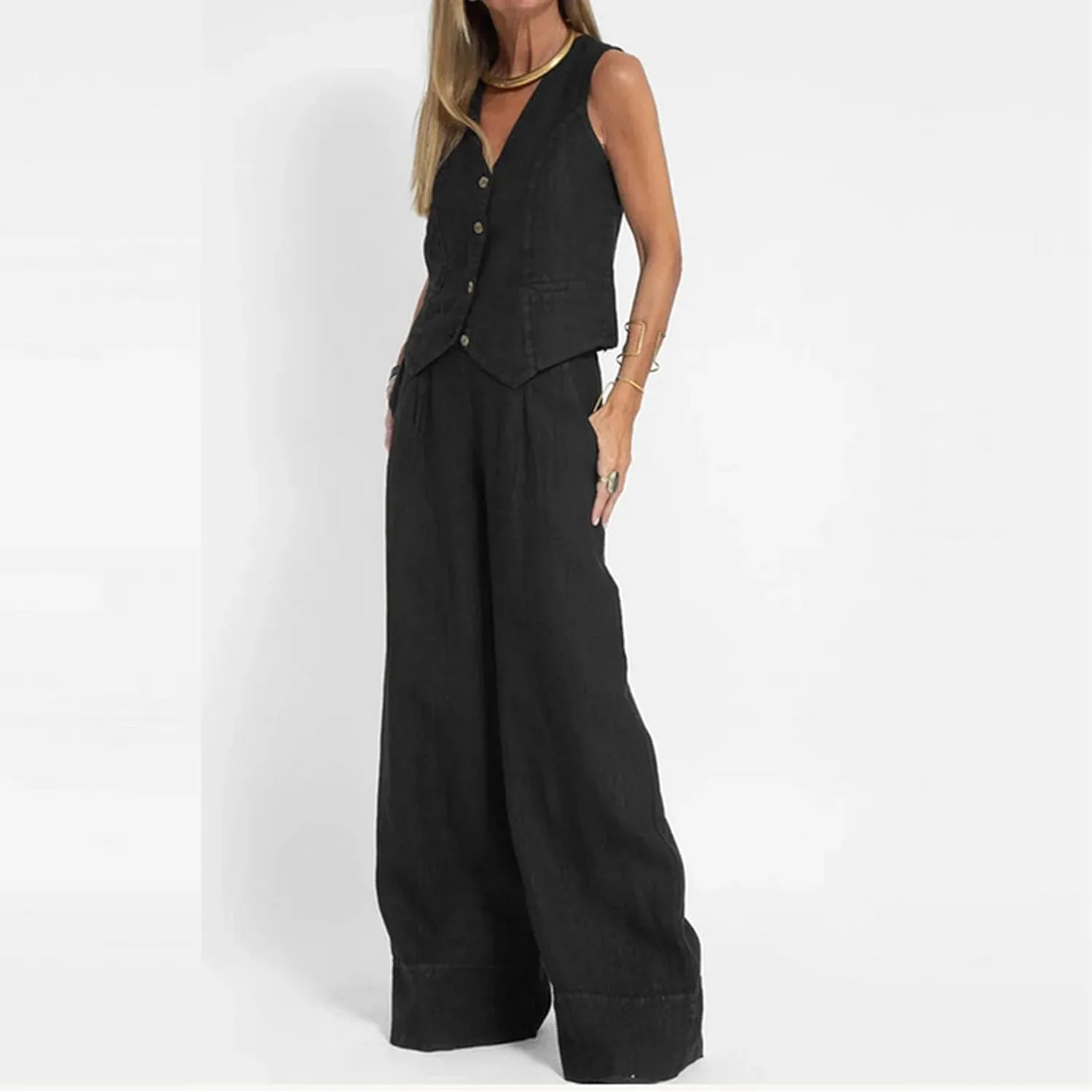 Womens Blazer Set Sleeveless V Neck Vest Tops Waistcoat and Cotton Linen Pants 2 Piece Vest Suit Casual Matching Set