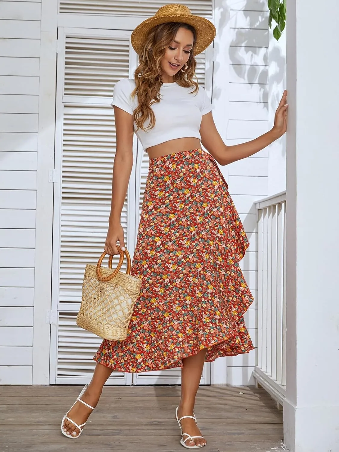 Women's Boho Floral Print Skirt Elastic High Waist A Line Skirt Summer Beach Vacation Casual Pleated Skirt Dress