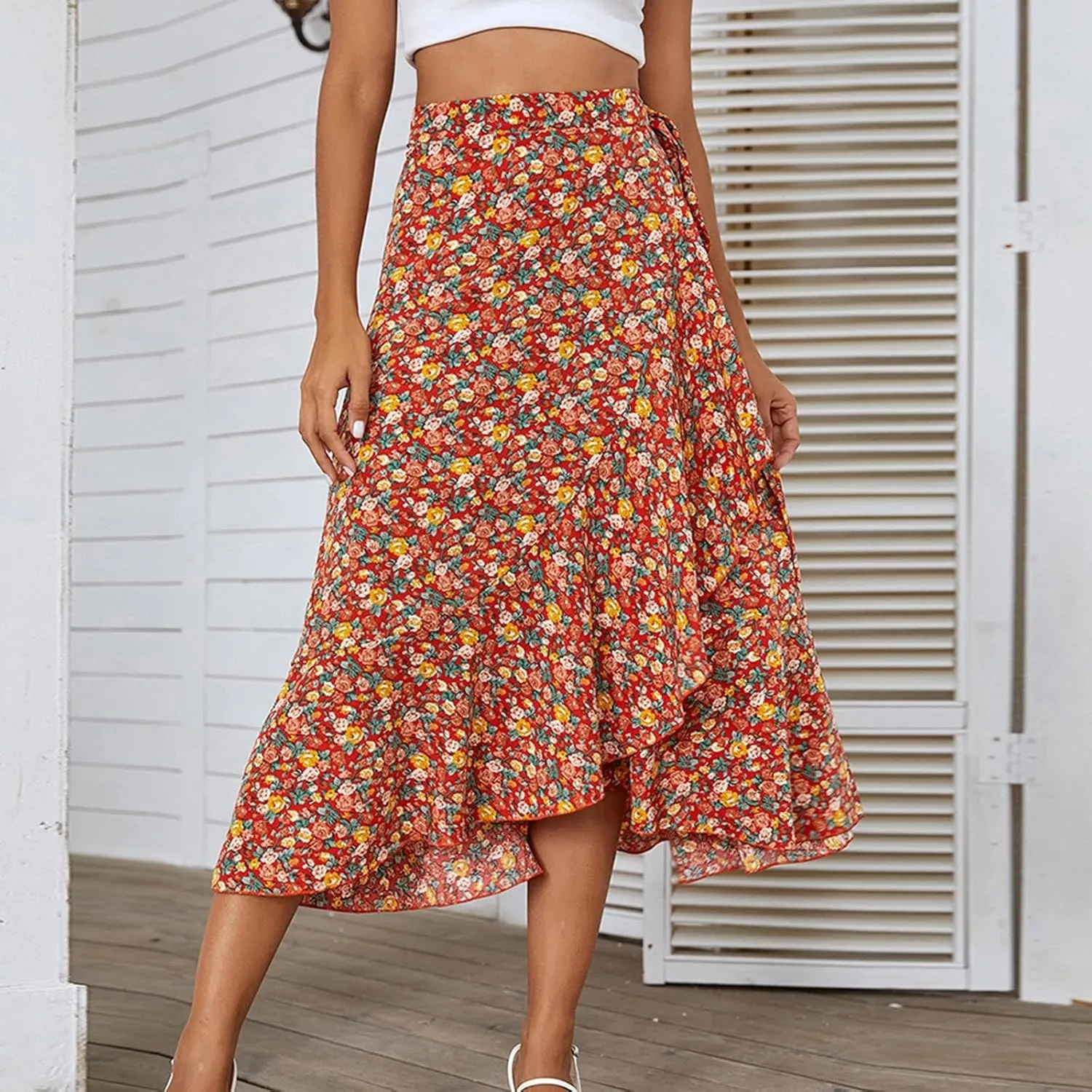 Women's Boho Floral Print Skirt Elastic High Waist A Line Skirt Summer Beach Vacation Casual Pleated Skirt Dress