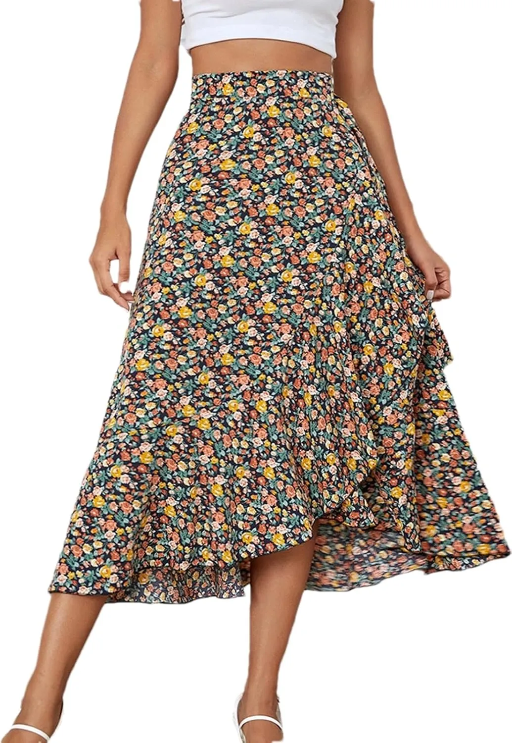 Women's Boho Floral Print Skirt Elastic High Waist A Line Skirt Summer Beach Vacation Casual Pleated Skirt Dress