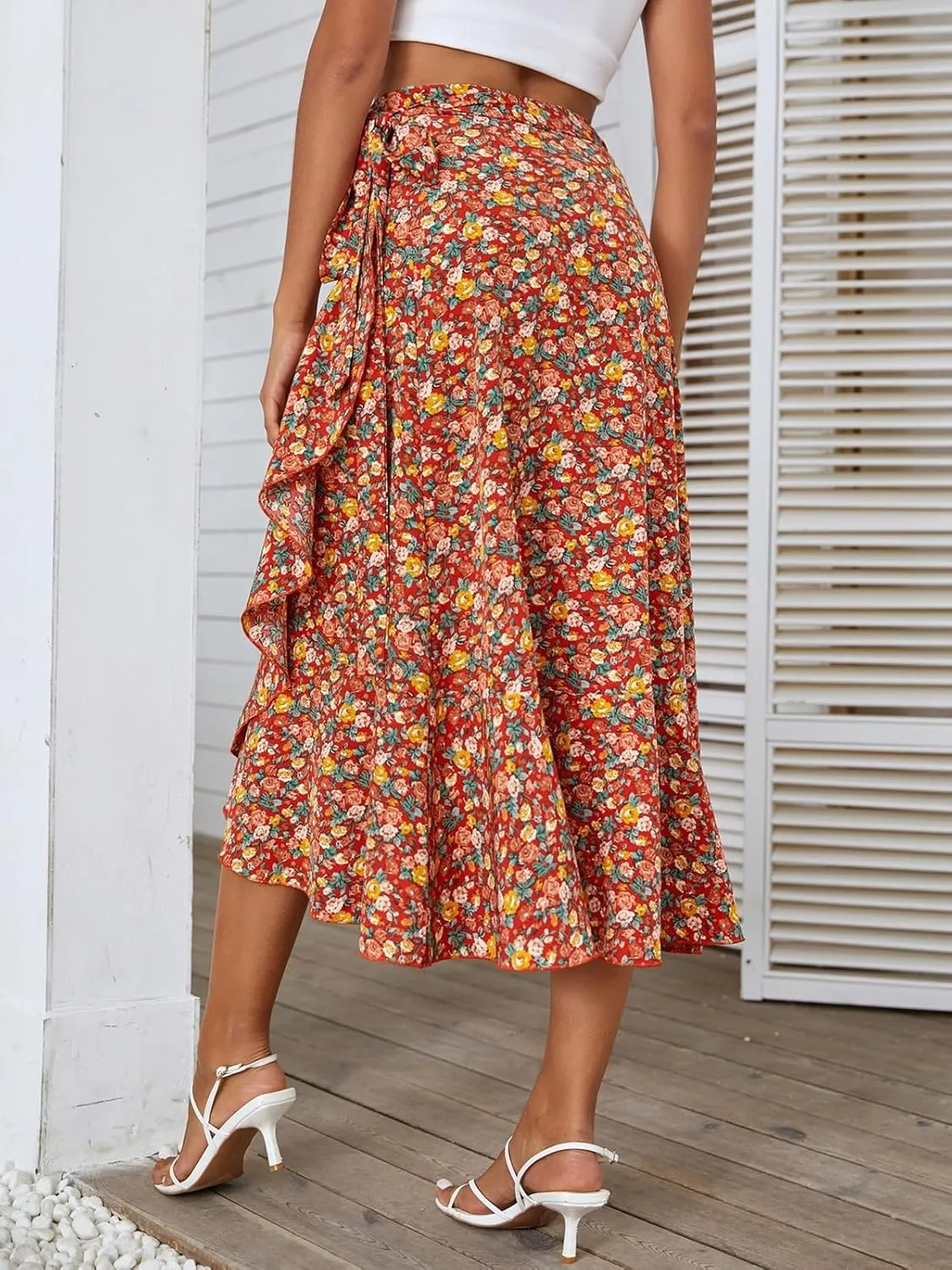 Women's Boho Floral Print Skirt Elastic High Waist A Line Skirt Summer Beach Vacation Casual Pleated Skirt Dress