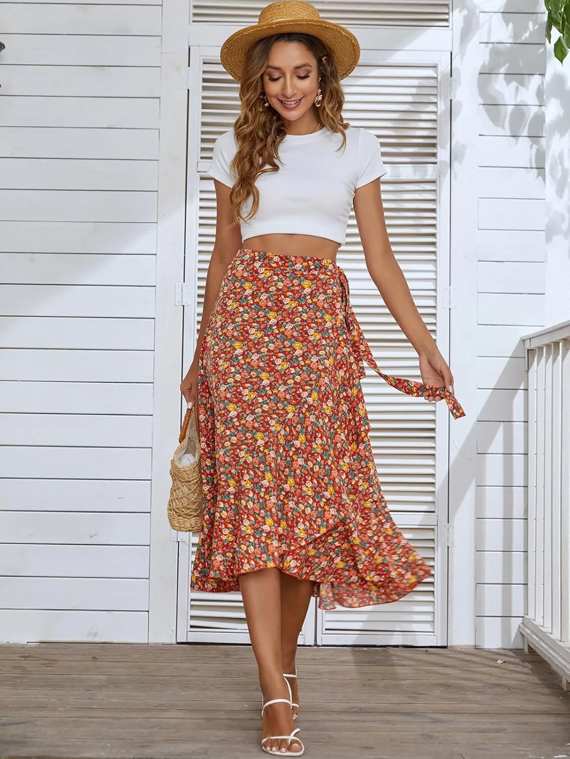 Women's Boho Floral Print Skirt Elastic High Waist A Line Skirt Summer Beach Vacation Casual Pleated Skirt Dress