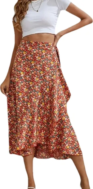 Women's Boho Floral Print Skirt Elastic High Waist A Line Skirt Summer Beach Vacation Casual Pleated Skirt Dress