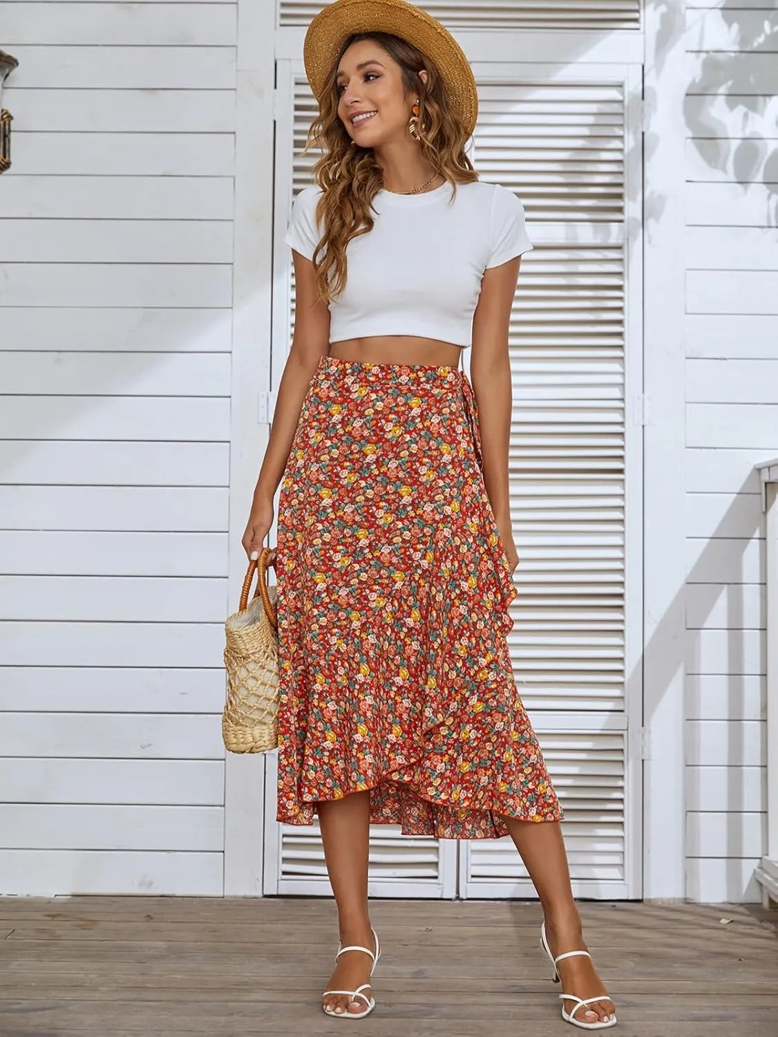 Women's Boho Floral Print Skirt Elastic High Waist A Line Skirt Summer Beach Vacation Casual Pleated Skirt Dress