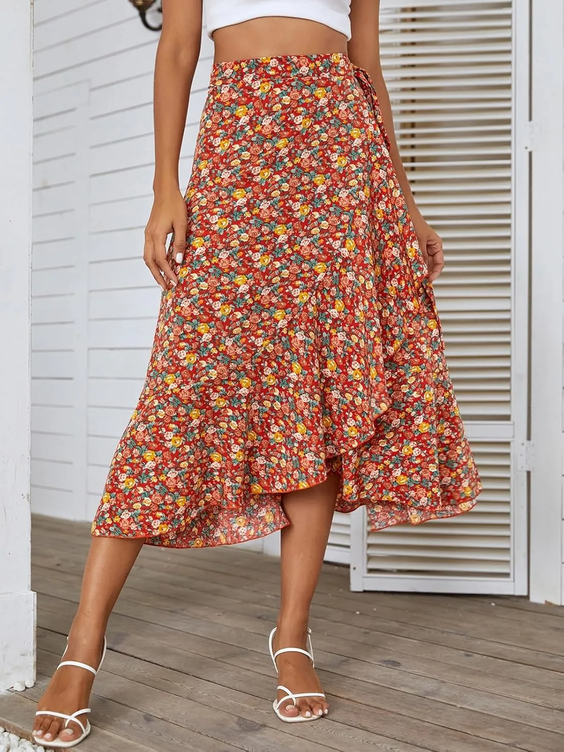 Women's Boho Floral Print Skirt Elastic High Waist A Line Skirt Summer Beach Vacation Casual Pleated Skirt Dress