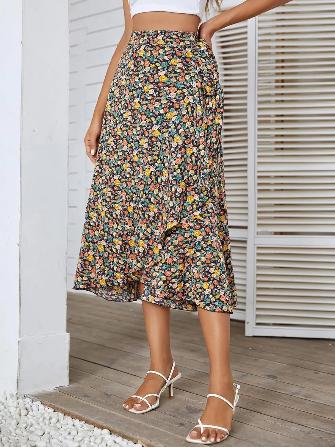 Women's Boho Floral Print Skirt Elastic High Waist A Line Skirt Summer Beach Vacation Casual Pleated Skirt Dress