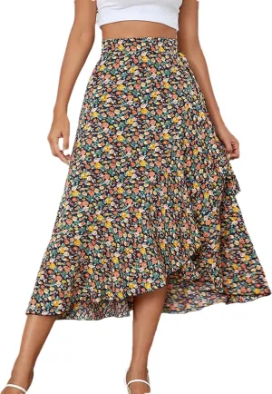 Women's Boho Floral Print Skirt Elastic High Waist A Line Skirt Summer Beach Vacation Casual Pleated Skirt Dress