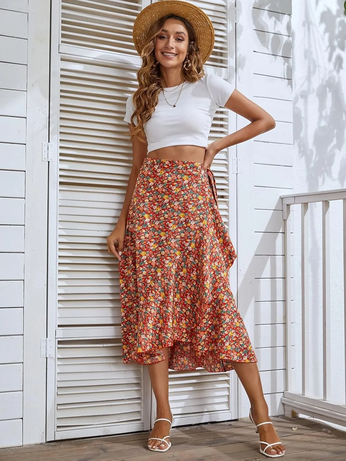 Women's Boho Floral Print Skirt Elastic High Waist A Line Skirt Summer Beach Vacation Casual Pleated Skirt Dress