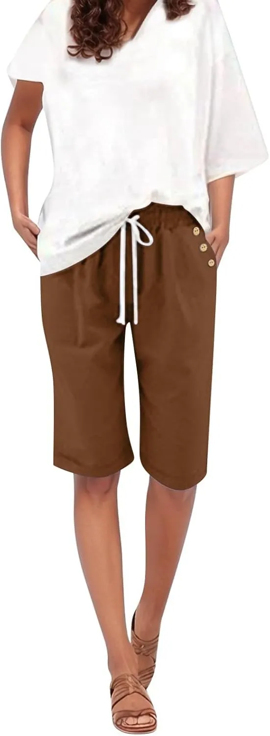 Women's Capri Pants Cotton and Linen Summer Loose Elastic Waist Workout Sweatpants Causal Lounge Pants with Pockets