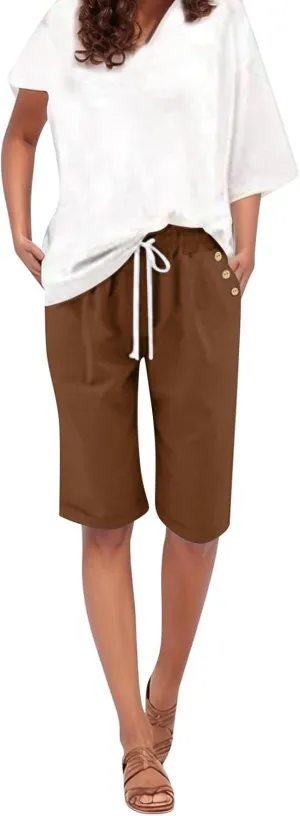 Women's Capri Pants Cotton and Linen Summer Loose Elastic Waist Workout Sweatpants Causal Lounge Pants with Pockets