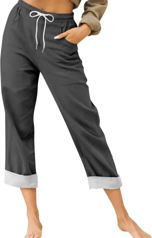 Womens Capris for Summer Cotton Linen Pants Casual 2025 Loose Comfy Trendy Elastic Waist Cropped Trouser Plus Size