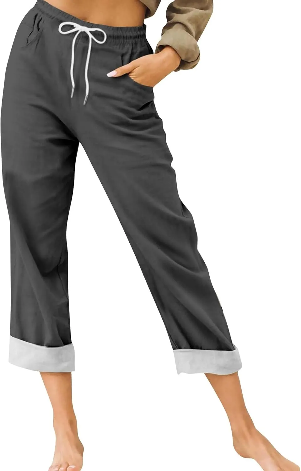 Womens Capris for Summer Cotton Linen Pants Casual 2025 Loose Comfy Trendy Elastic Waist Cropped Trouser Plus Size
