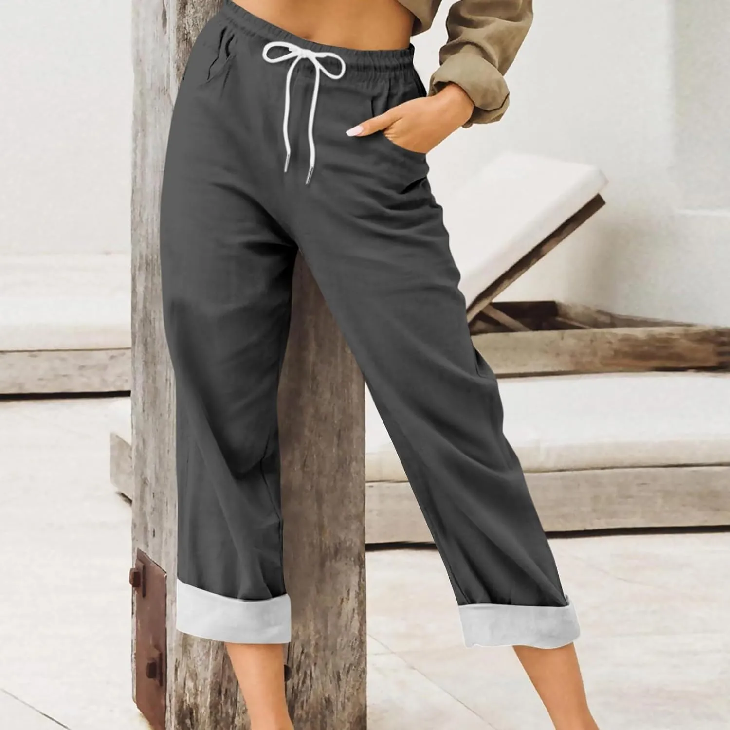 Womens Capris for Summer Cotton Linen Pants Casual 2025 Loose Comfy Trendy Elastic Waist Cropped Trouser Plus Size
