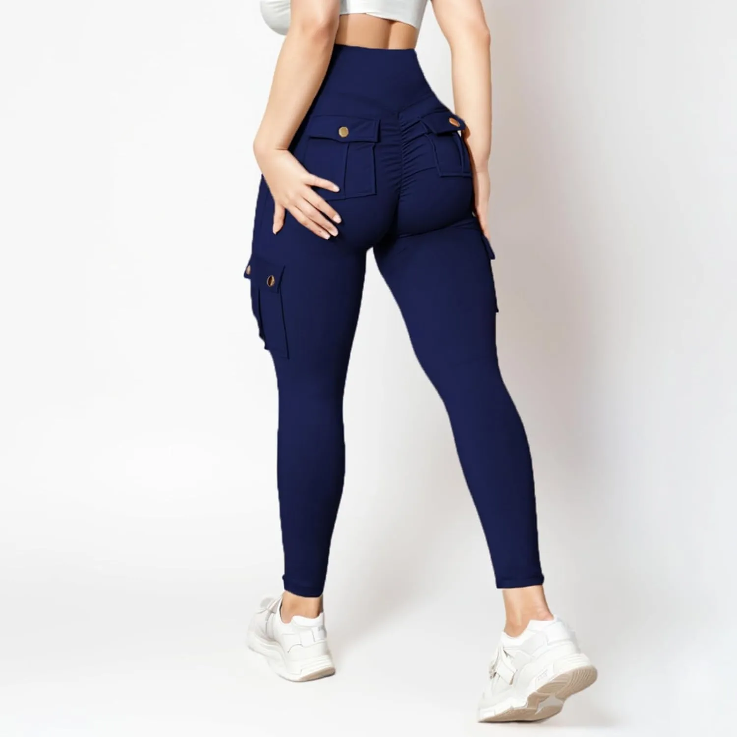 Women's Cargo Yoga Leggings Butt Lifting High Waist Trousers with Flap Pockets Tummy Control Running Pants Gym Tights
