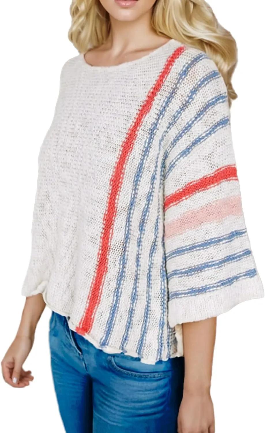Women's Casual Color Block Striped Knit Sweater Lightweight Cable Knit Pullover Tops Spring Fall Trendy Boho Clothes