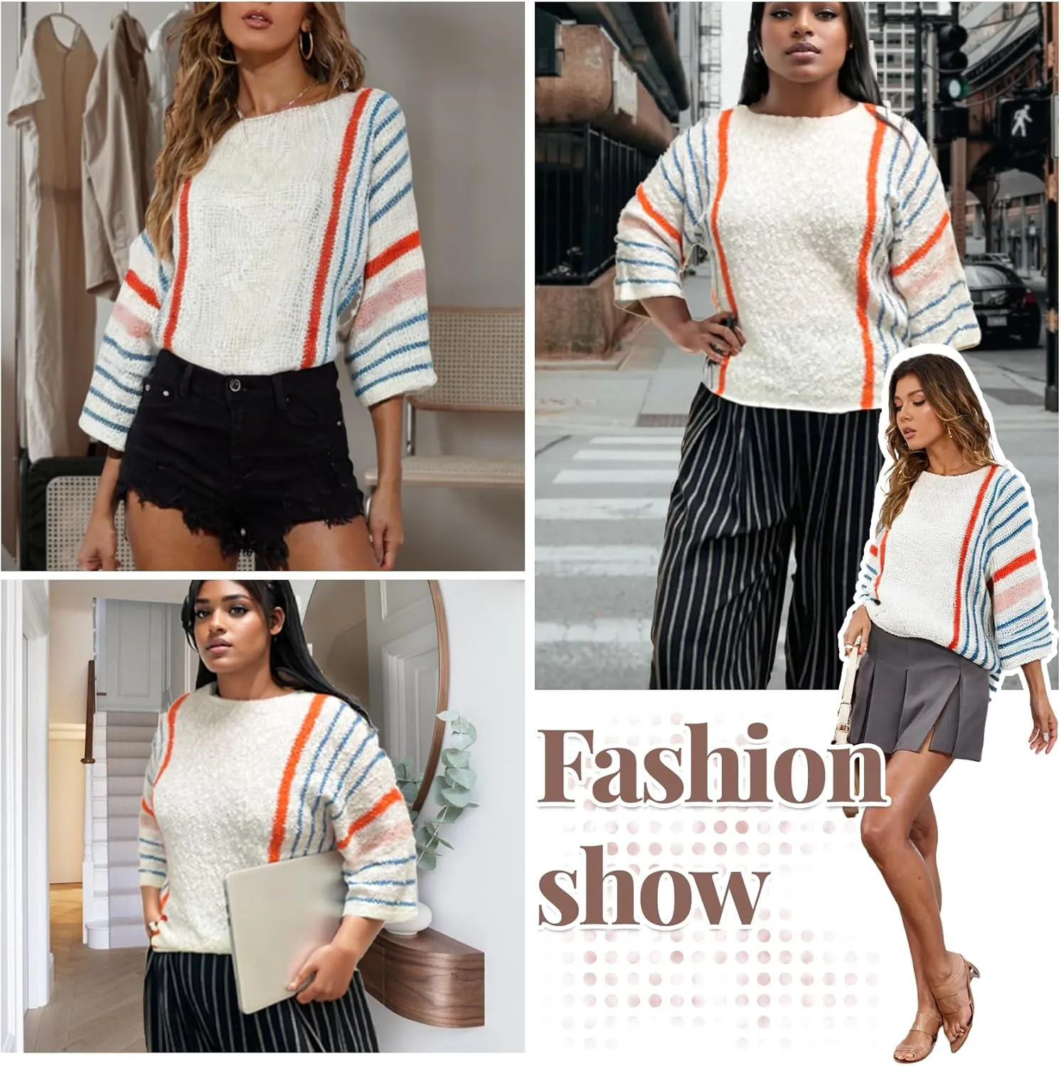 Women's Casual Color Block Striped Knit Sweater Lightweight Cable Knit Pullover Tops Spring Fall Trendy Boho Clothes