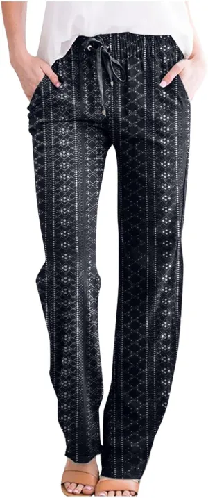 Womens Casual Cotton Linen Pants Lightweight Summer Boho Pants Comfy Elastic Waist Plus Size Lounge Long Trousers