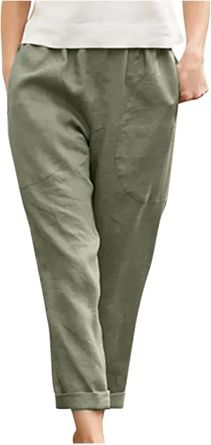 Women's Casual Cotton Linen Pants Tapered Capri Cargo Pants Loose Elastic Waist Ankle Cropped Trousers with Pockets