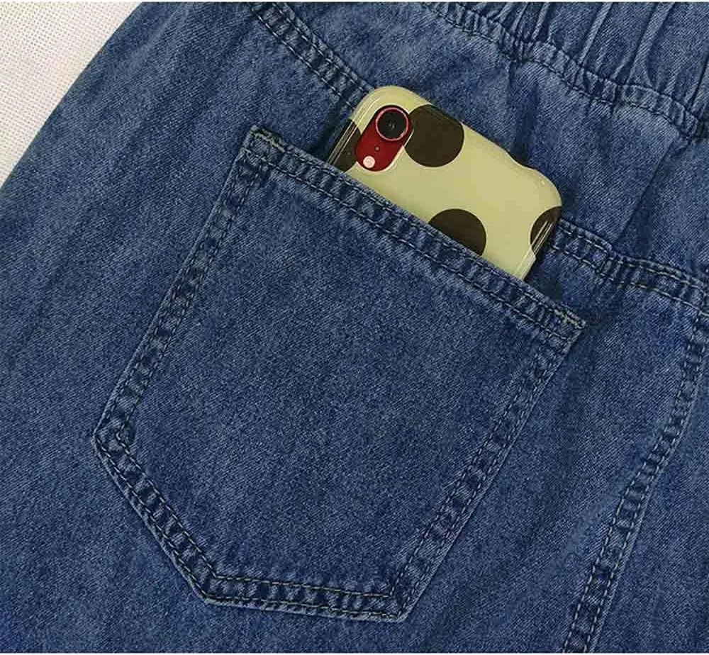 Women's Casual Elastic Large Size Women's Denim Skirt Waist Frayed Hem A-Line Distressed Hippie Long Maxi Denim Skirt