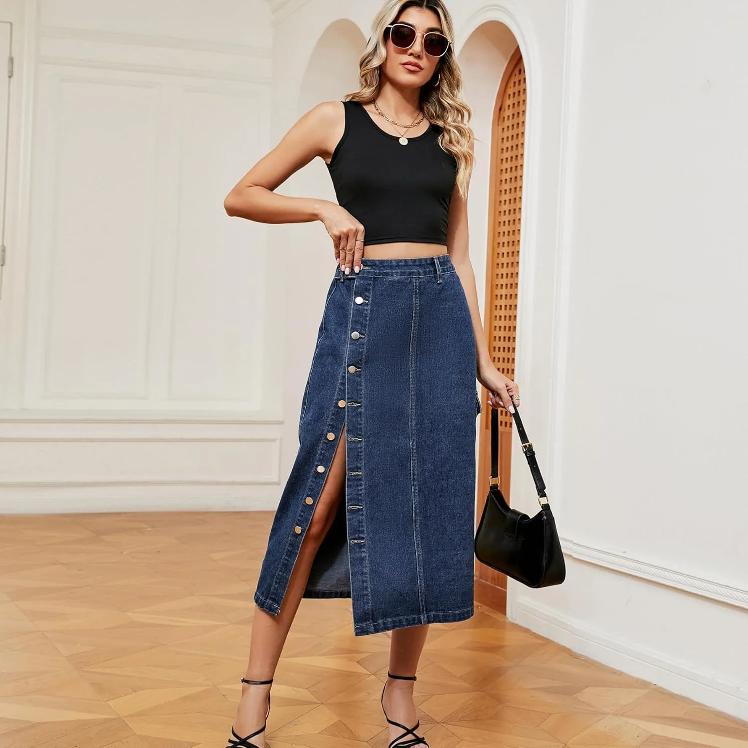 Women's Casual High Waist Denim Skirt Washed Button Front Split Hem Raw Trim Pencil Jean Skirts