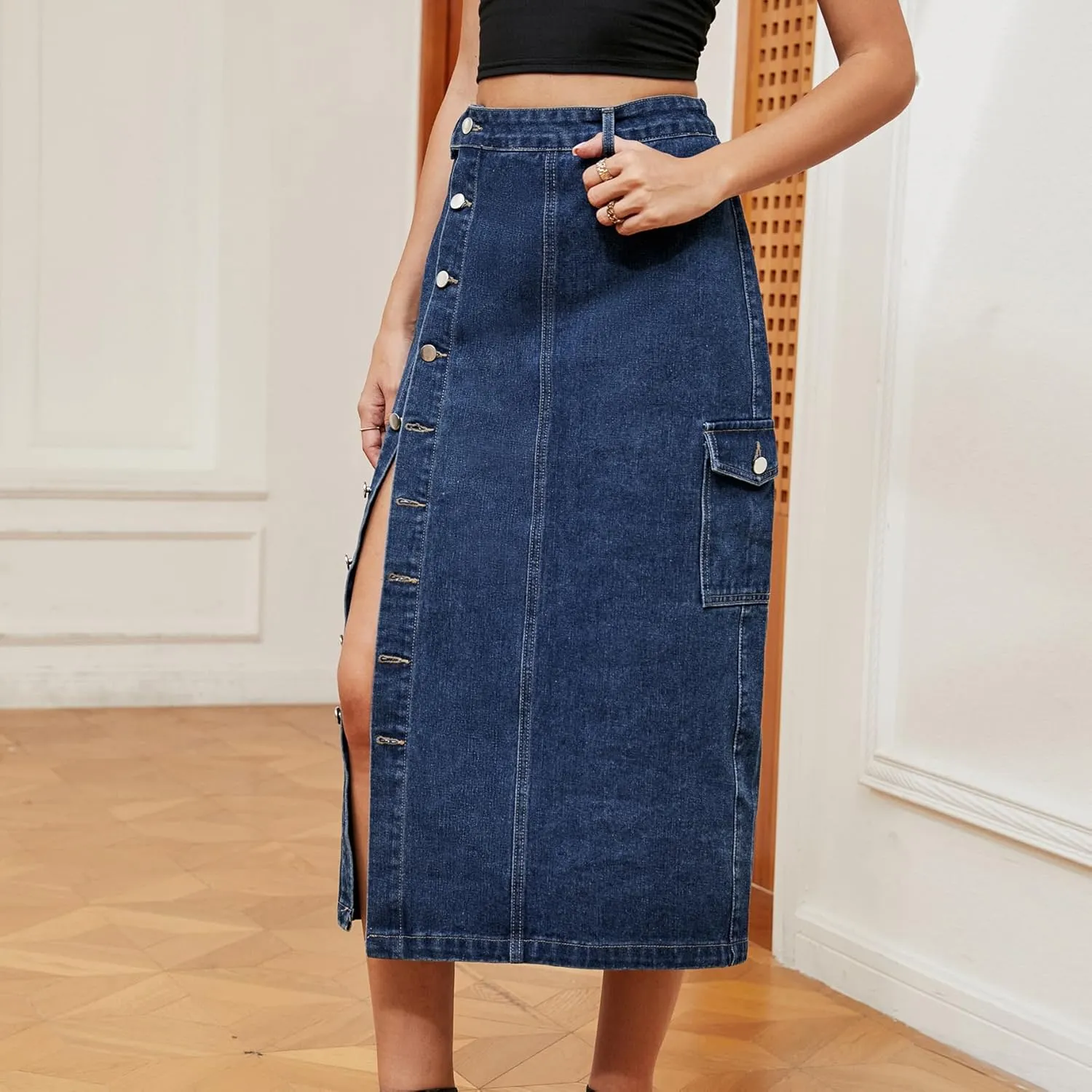 Women's Casual High Waist Denim Skirt Washed Button Front Split Hem Raw Trim Pencil Jean Skirts
